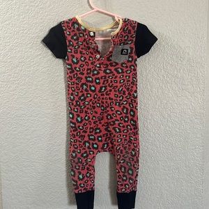 Rags Romper- neon colored with leopard print. Size 6-12 MO.